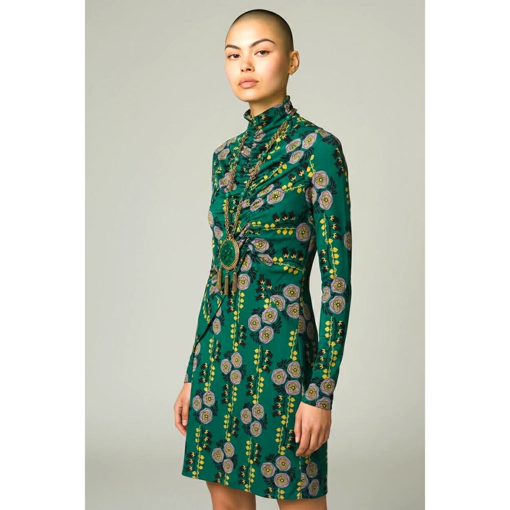 Zara Green Floral Retro Print Ruched Mock-Neck Nylon Stretch Floral Dress Sz 8